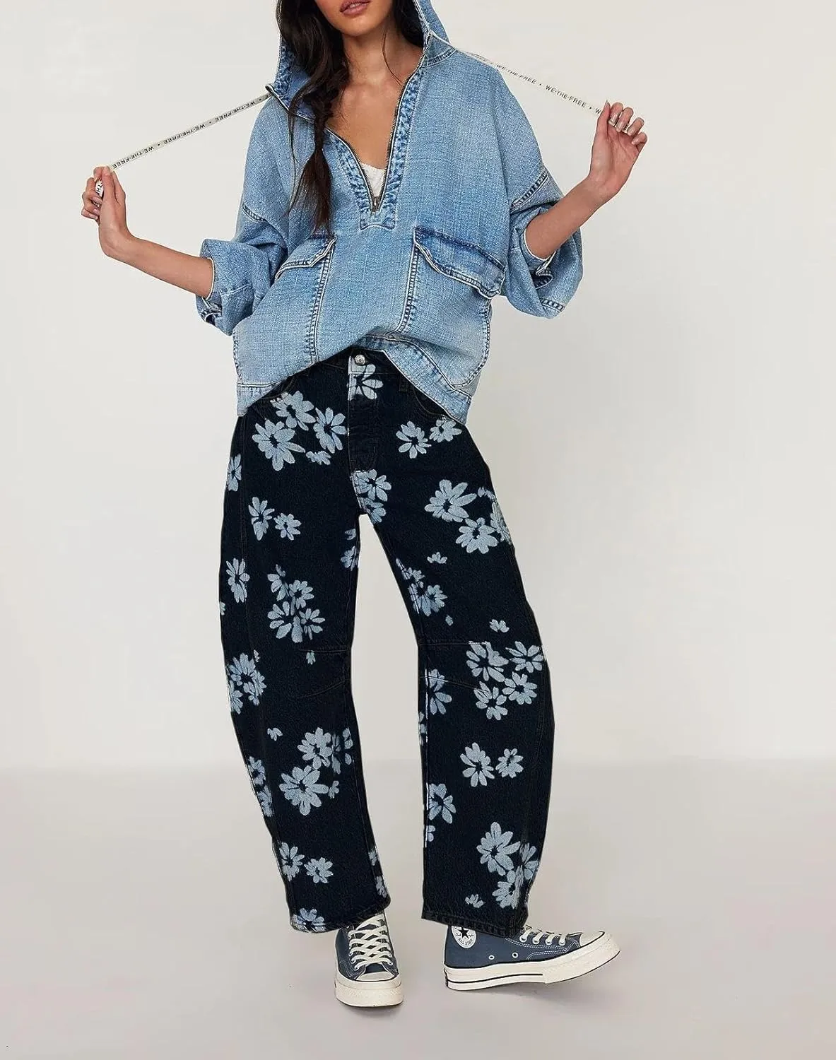 yoeasy Women's Mid Rise Baggy Barrel Jeans Floral Printed Wide Leg Y2k Boyfriend Jeans Denim Ankle Pants