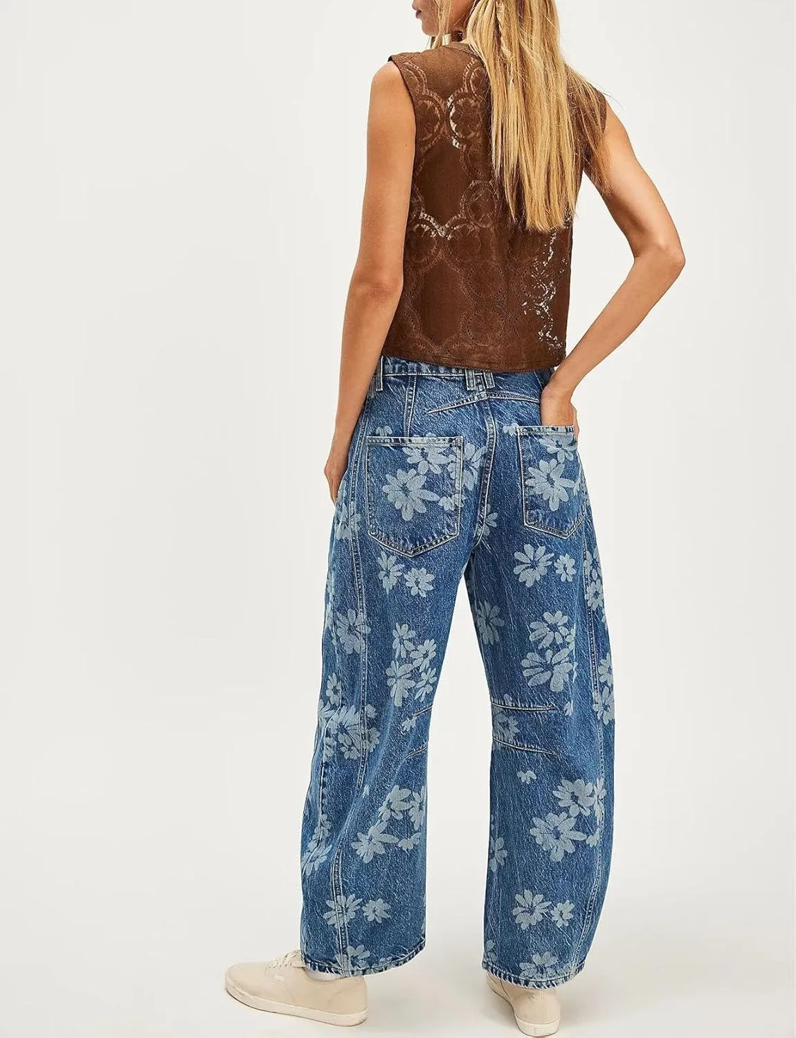 yoeasy Women's Mid Rise Baggy Barrel Jeans Floral Printed Wide Leg Y2k Boyfriend Jeans Denim Ankle Pants