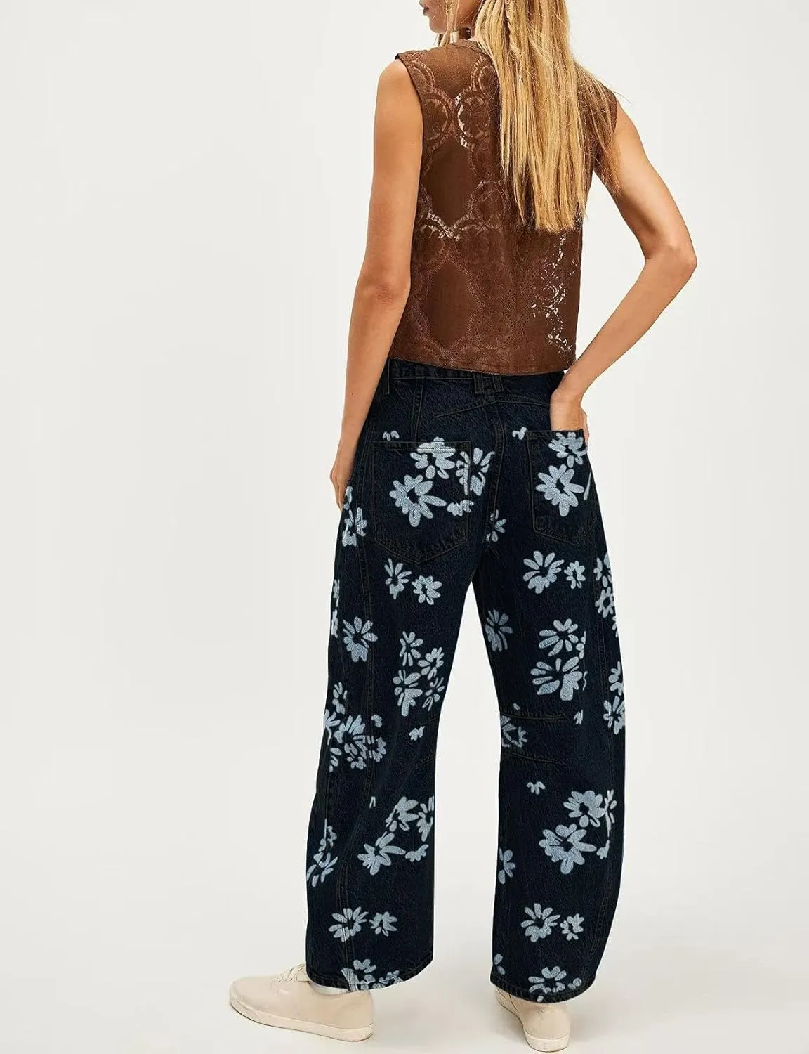 yoeasy Women's Mid Rise Baggy Barrel Jeans Floral Printed Wide Leg Y2k Boyfriend Jeans Denim Ankle Pants