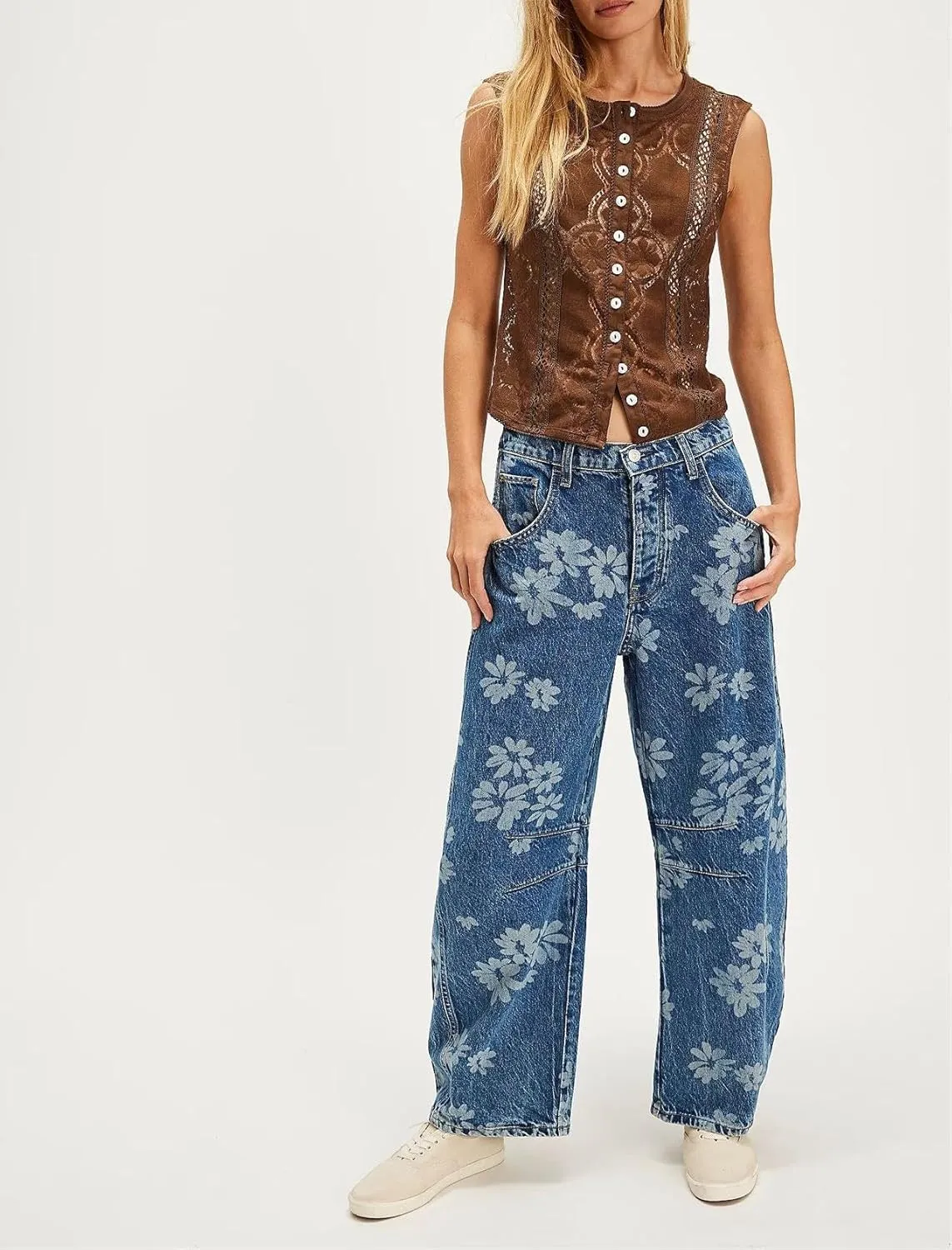 yoeasy Women's Mid Rise Baggy Barrel Jeans Floral Printed Wide Leg Y2k Boyfriend Jeans Denim Ankle Pants