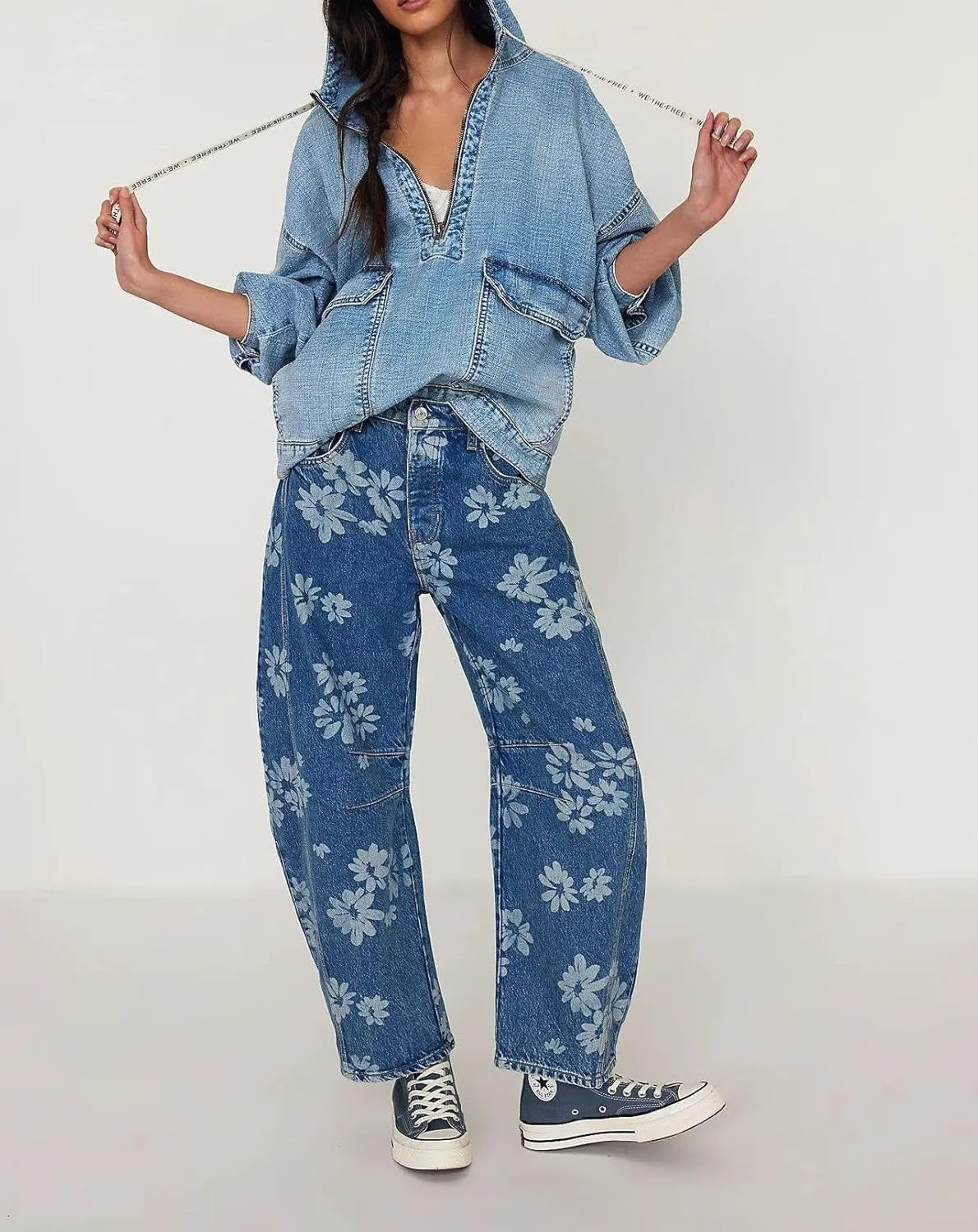 yoeasy Women's Mid Rise Baggy Barrel Jeans Floral Printed Wide Leg Y2k Boyfriend Jeans Denim Ankle Pants