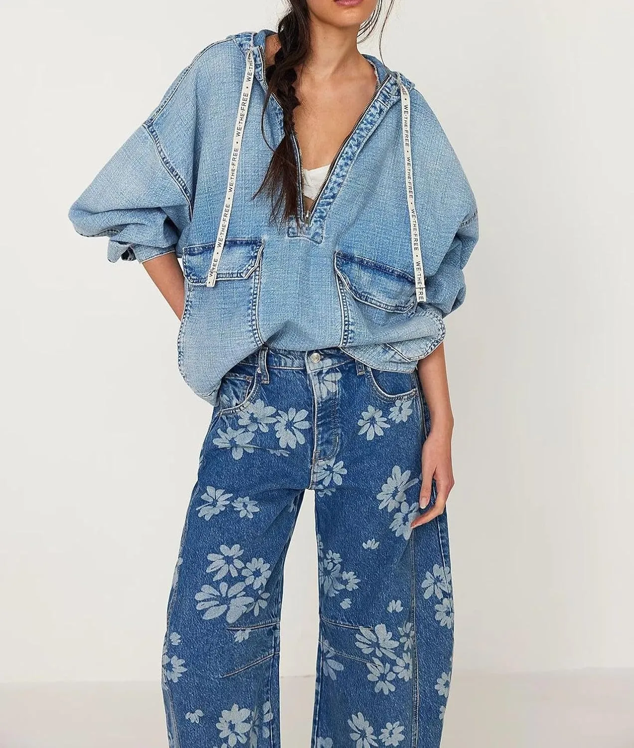 yoeasy Women's Mid Rise Baggy Barrel Jeans Floral Printed Wide Leg Y2k Boyfriend Jeans Denim Ankle Pants