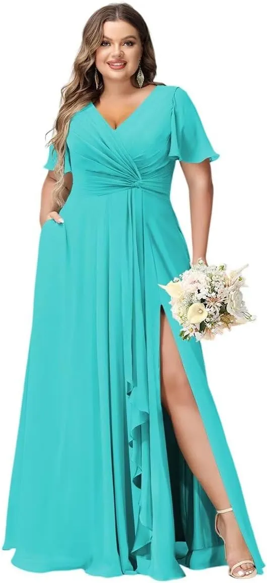 YOFF Flutter Sleeves Long Bridesmaid Dress with Pockets Ruched Chiffon Long A-Line Formal Party Dresses with Slit YO063