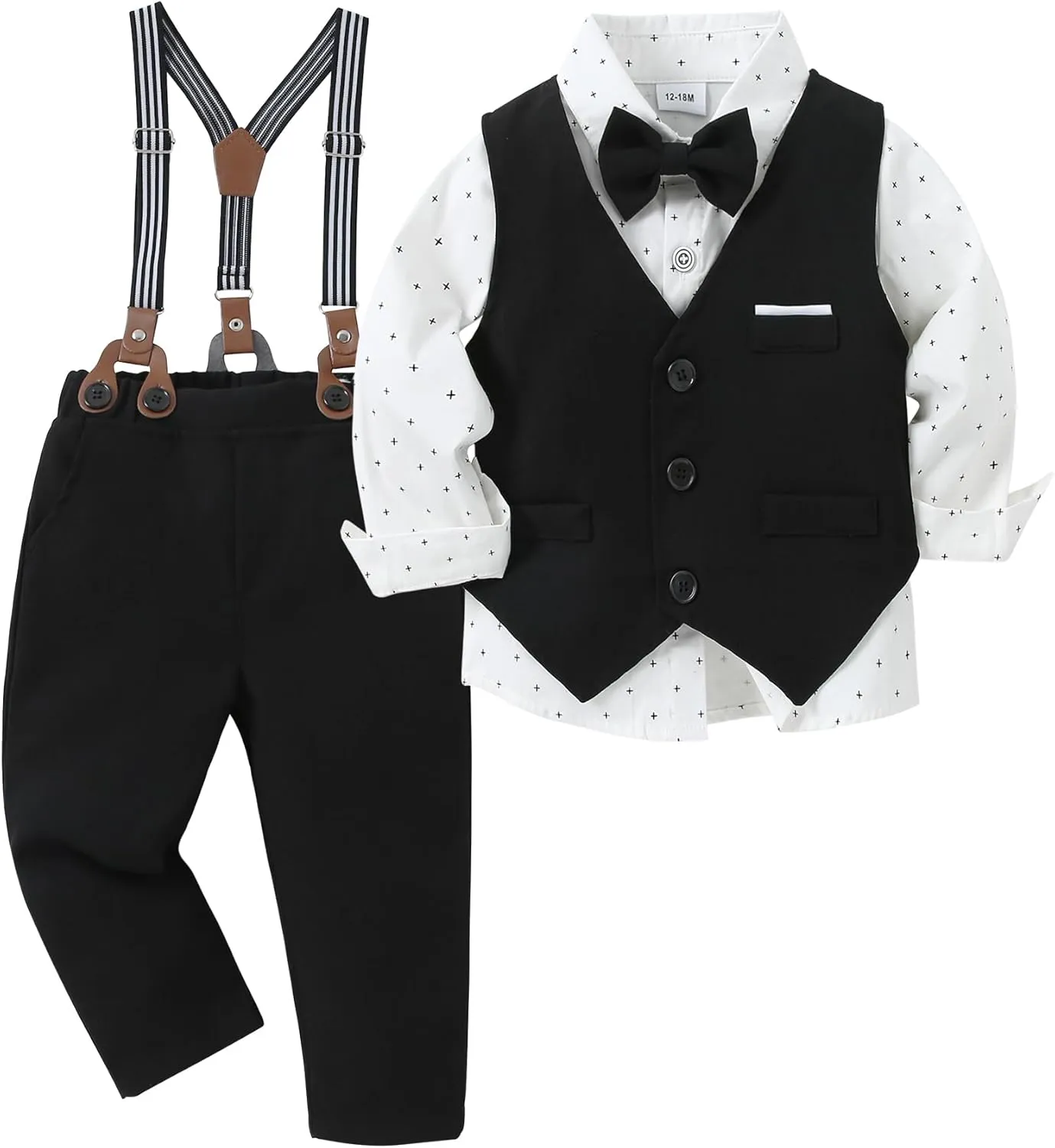 ZOEREA Toddler Boy Suit Formal Wedding Outfits Gentleman Clothes Long Sleeve Shirt   Suspender Pants   Bowtie