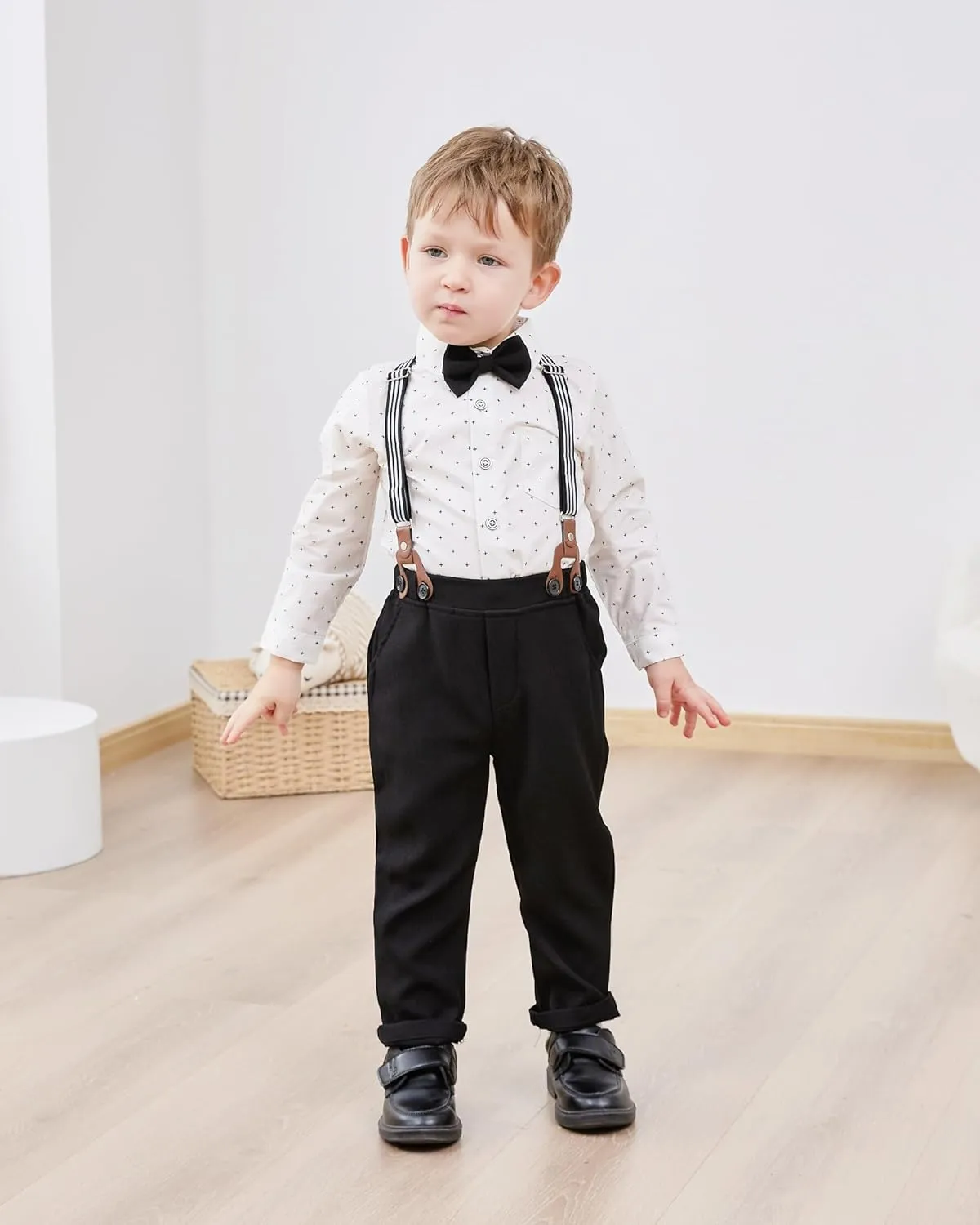 ZOEREA Toddler Boy Suit Formal Wedding Outfits Gentleman Clothes Long Sleeve Shirt   Suspender Pants   Bowtie