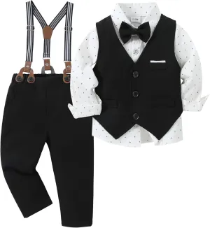 ZOEREA Toddler Boy Suit Formal Wedding Outfits Gentleman Clothes Long Sleeve Shirt   Suspender Pants   Bowtie
